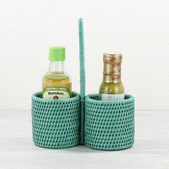 NEW Tight Woven Rattan Dual-Case Condiment Holder-Turquoise